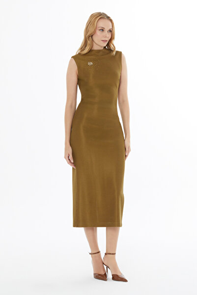 GİZİA Yuvarlak Yaka Fermuar Kapamalı Yırtmaçlı Sıfır Kol Elbise