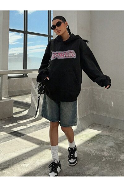 AFROGİYİM Γυναικείο φούτερ με κουκούλα Myveriov με στάμπα με 2 κλωστές