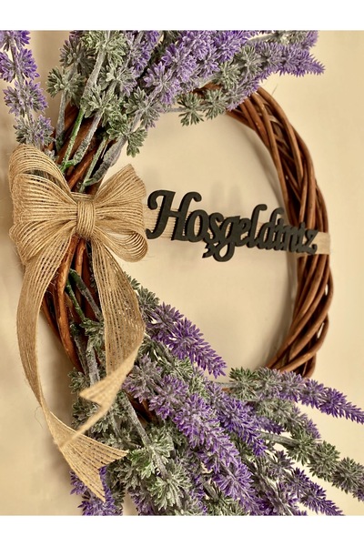 MACROMEKİDS Ghirlandă de bambus de 30 cm – Ornament de ușă de bun venit realizat manual cu detaliu de lavandă mov și fundă de iută