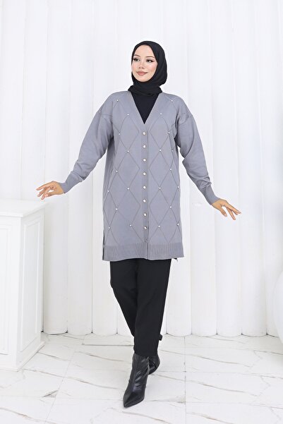 benguen Μακριά ζακέτα με πέτρινο σχέδιο μπακλαβά N3246 Γκρι