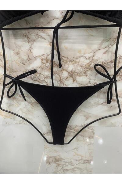 VAJESTO Kadın Siyah Likralı String Yandan Ve Boyundan Bağlama İpli Tanga Bikini Takım