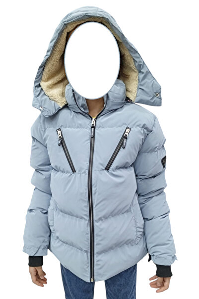 İrem Çocuk Giyim Erkek Çocuk /Kız Çocuk Çapraz Fermuar Model Kapüşonu Çıkabilen İçi Peluş Astarlı Buz Mavi Renk Mont