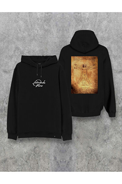 MODA Leonardo Da Vinci Printed Black Hooded Hoodie Sweatshirt Hoodie