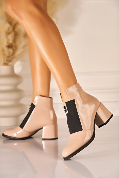 Joana Γυναικεία μπεζ μποτάκια με τακούνι από τεχνητό δέρμα