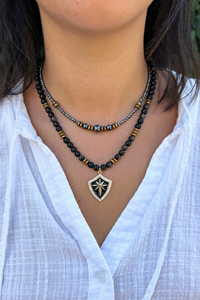 Suerte Accessories Onyx Natural Stone Steel-Tipped Hematite Stone Handmade Special Design Double Natural Stone Necklace Combination