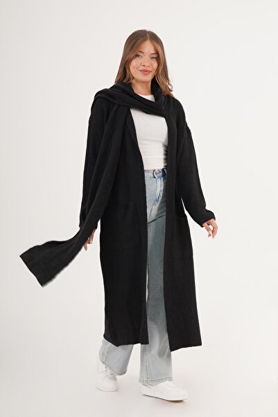 Hipo Trend Cardigan tricotat negru cu supradimensionat buzunare lungi și eșarfă