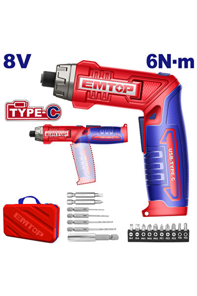 EMTOP Șurubelniță cu cablu USB de încărcare, 8V, 6Nm, mâner reglabil, 17 acce...