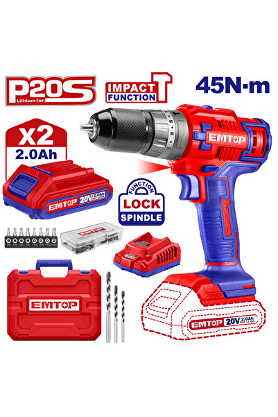 EMTOP Mașină de găurit cu impact și șurubelniță cu 2 baterii 2.0AH, 45Nm, 55 accesorii, 3 mașini de găurit, cutie de transport -