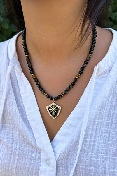 Suerte Accessories Handmade Onyx and Hematite Natural Stone Special Design Women's Natural Stone Necklace with Steel Pendant