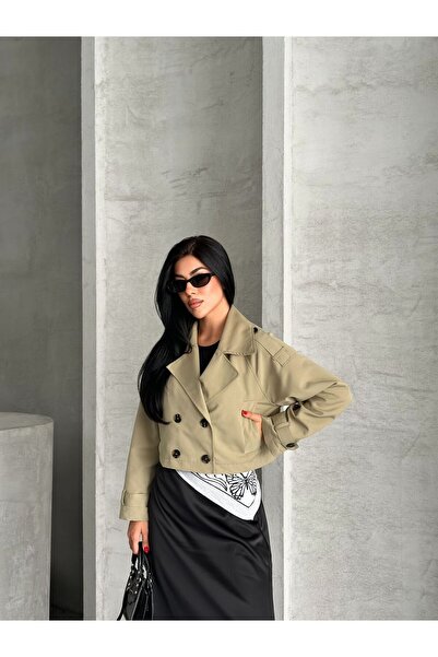 ParlaMira Women's Khaki Crop 100% Cotton Gabardine Windbreaker Detailed Buttoned Lined Premium Trench Coat