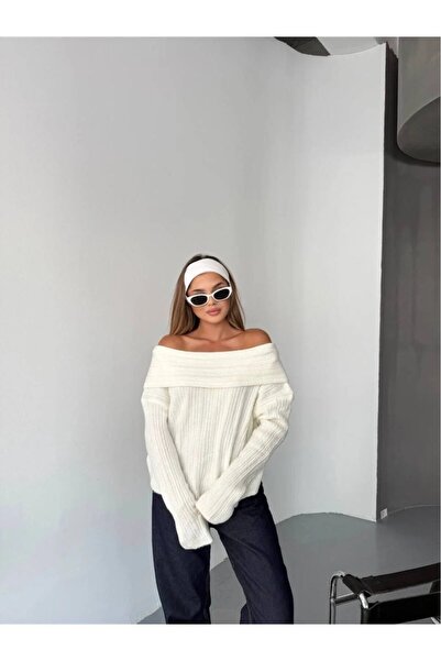 Cemre Life Pulover tricotat cu guler Madonna oversize pentru femei