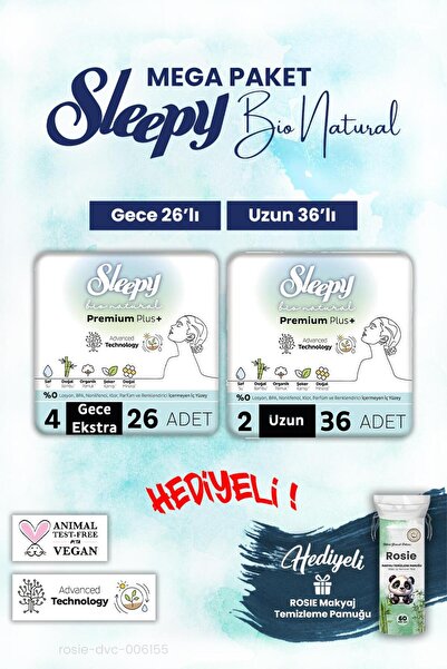 Sleepy Bio Natural Uzun 36, Gece 26 Adet Mega Paket ve Rosie Pamuk
