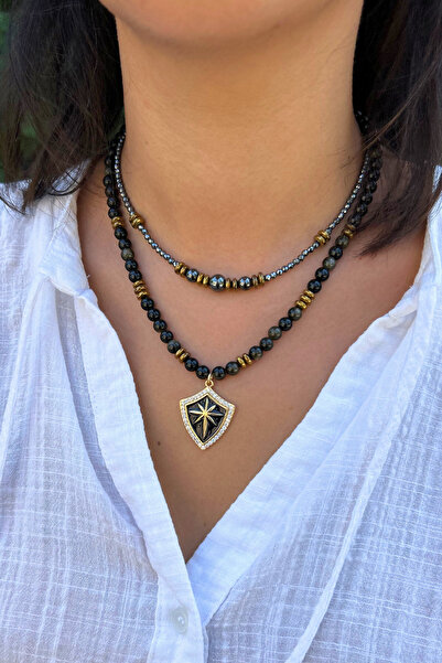 Suerte Accessories Onyx Natural Stone Steel-Tipped Hematite Stone Handmade Special Design Double Natural Stone Necklace Combination