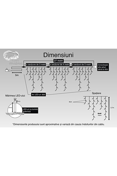 Flippy Lumini de Crăciun, 27 m, 800 LED-uri, Franjuri, Alb cald, Bliț, Transformator cu telecomandă, Extensibil