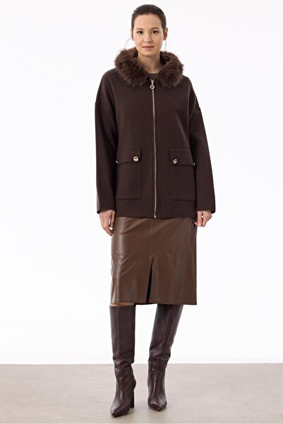 Tığ Triko Yakası Kürklü Hırka KAHVE