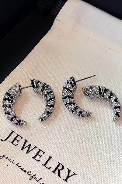 TAKIŞTIR Gümüş Renk Taş Detaylı 14K Altın Kaplama TX Küpe (Çift)