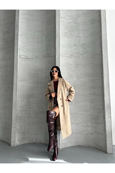 ParlaMira Women's Beige Long 100% Cotton Gabardine Windbreaker Detailed Buttoned Lined Premium Trench Coat