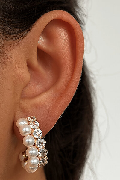 TAKIŞTIR Altın Renk İnci Detaylı Küpe (Çift)