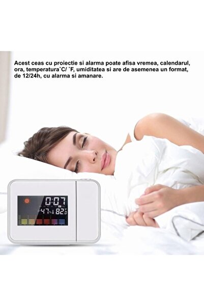 Bibilel Projection Clock with LCD Display, Alarm, and Thermometer, 110 x 150 x 20 mm, White