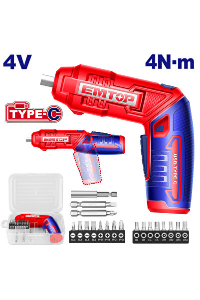 EMTOP Screwdriver with USB C cable charging, 4V, 4Nm, adjustable handle, 18 a...