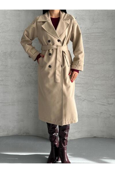 ParlaMira Women's Beige Long 100% Cotton Gabardine Windbreaker Detailed Buttoned Lined Premium Trench Coat