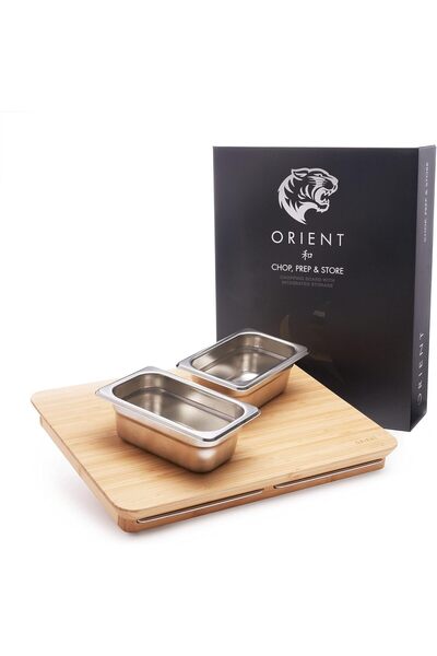 Orient Bamboo Wood Chopping Board, 2 Removable Stainless Steel Containers, 38.5 x 30 cm