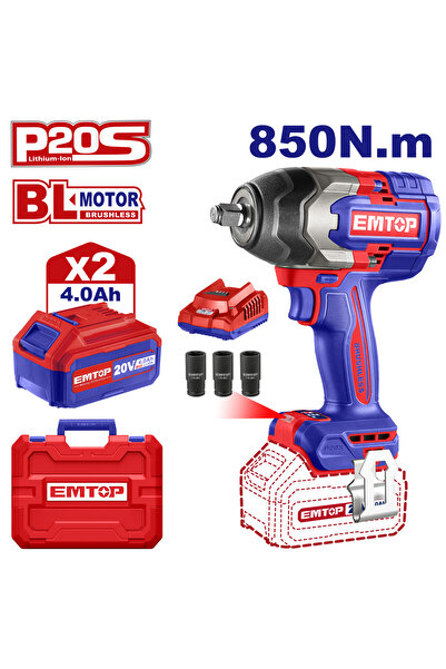 EMTOP Mașină de găurit cu impact și șurubelniță cu 2 baterii de 4.0AH, motor fără perii, 850Nm, geantă de transport - ECiWL20