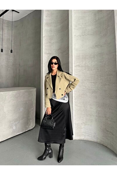 ParlaMira Women's Khaki Crop 100% Cotton Gabardine Windbreaker Detailed Buttoned Lined Premium Trench Coat