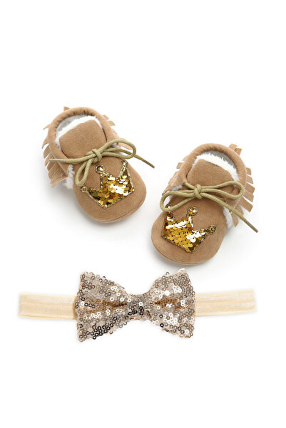 Superbaby Brown fur-lined shoes with matching headband