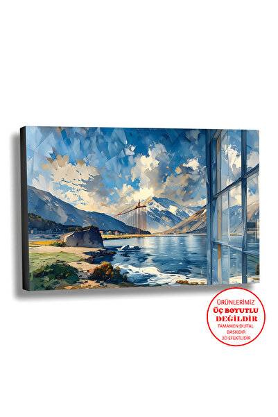 Harika bir ev KANVAS-DUVAR-SALON TABLOSU YAĞLI BOYA EFEKTLİ MANZARA KARLI DAĞ...