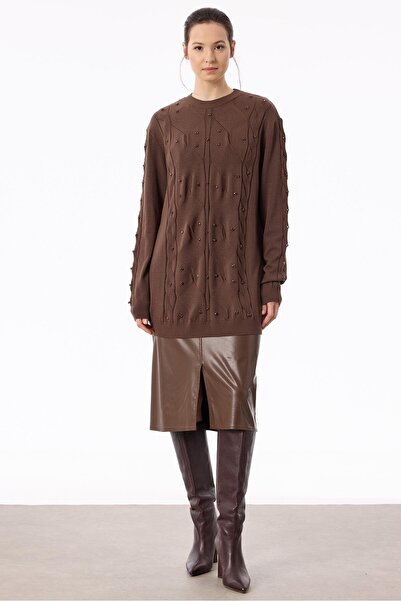 Tığ Triko Örgü Detaylı Taşlı Triko Tunik KAHVE