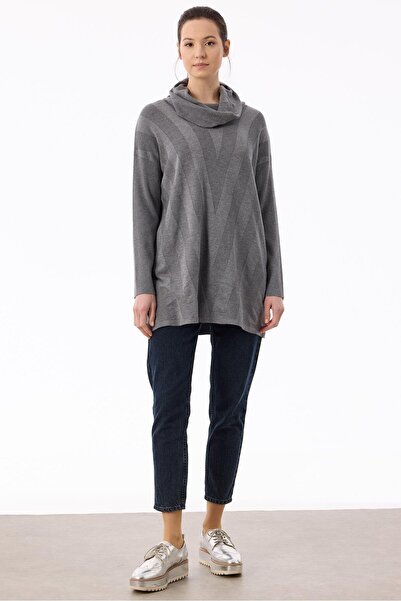 Tığ Triko Degaje Yaka Triko Tunik GRİ