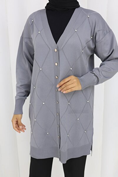 benguen Μακριά ζακέτα με πέτρινο σχέδιο μπακλαβά N3246 Γκρι