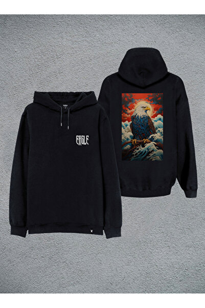 MODA Hanorac Eagle cu imprimeu negru cu glugă Swea tricou