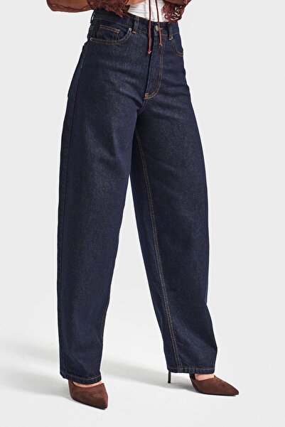 its basic Kadın İndigo Renk Cindy 7w5-50 Skater Fit Bol Kesim İç Boy 80cm Denim Jean