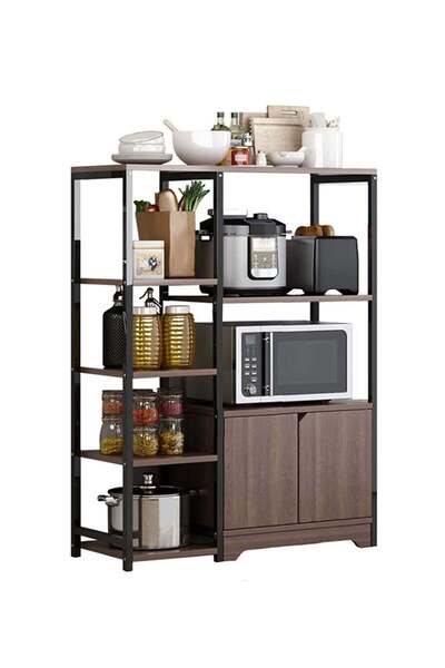 AGD رف مطبخ مع خزانة تخزين، حامل فرن ميكروويف بأربع طبقات، حامل توابل، أسود