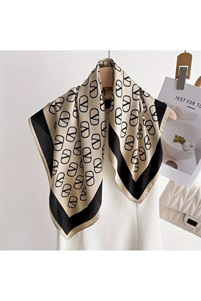 Accessories Hei Beige Color Black Patterned Stylish Silk Look Square Scarf Foulard Women's Accessory