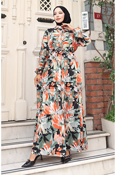 sefamerve Φόρεμα με μισό κουμπί από ύφασμα Modal 0164-04 Χακί Πλακάκι