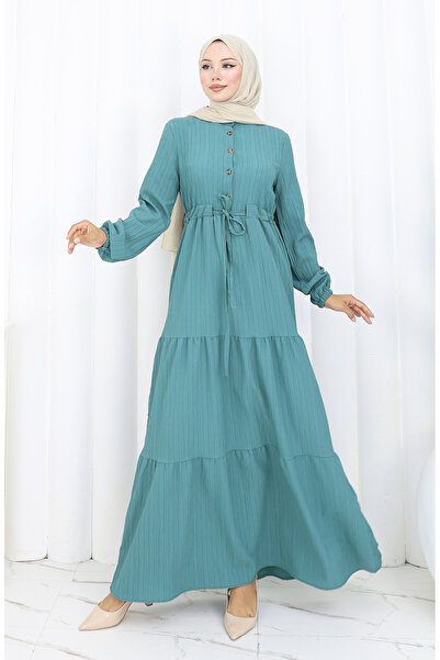 sefamerve Kolu Lastikli Belden Bağlamalı Elbise 2158-04 Petrol