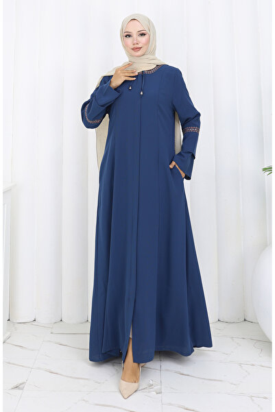 sefamerve Large Size Hidden Zipper Embroidered Ferace 6193-07 Indigo