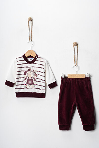 Hoppidik Baby Girl 3-6-9 Months Rabbit Printed Velvet Fabric Cuffed 2-Piece Top and Bottom Set Made from Own Fabric