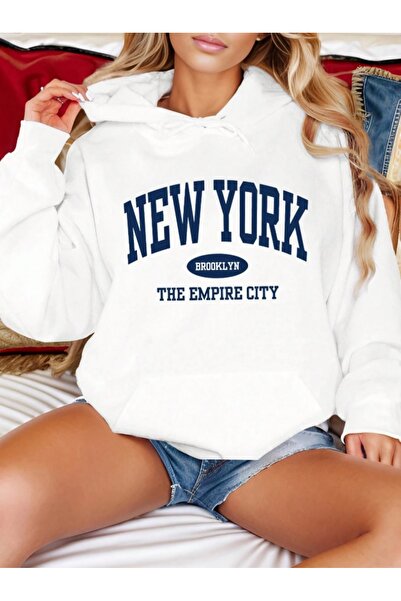 AFROGİYİM Γυναικείο φούτερ με κουκούλα με στάμπα Νέας Υόρκης με 2 κλωστές