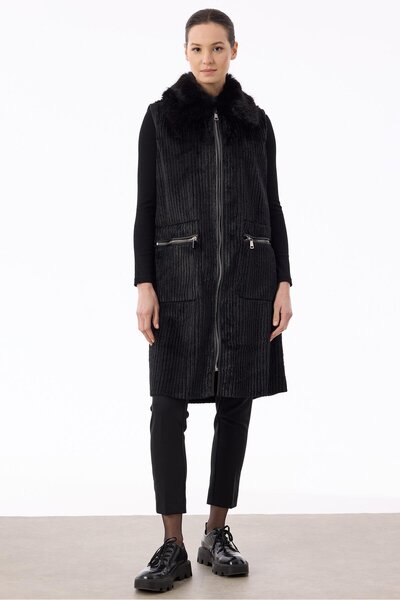 Tığ Triko Fermuar Ve Deri Detaylı Fitilli Kürk Yelek SİYAH