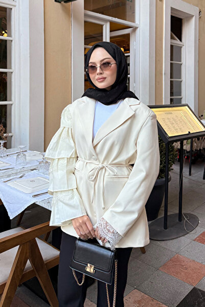 LOCCO Kadın Kol Dantelli Ceket Krem