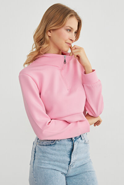 Fulla Moda Half Zipper Stand Collar Crop Sweatshirt
