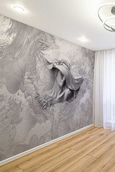 dreamwall Silver Elegance Gri Şapkalı Kadın ve Kelebek Desenli Tekstil Duvar ...