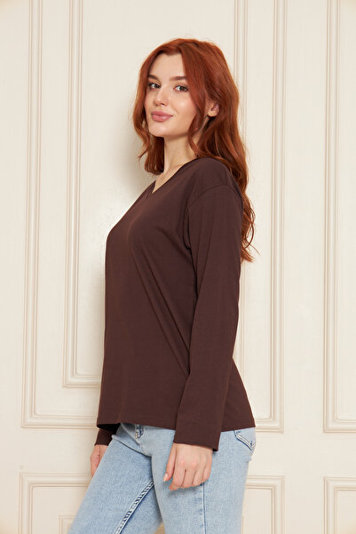 Tight Lady Brown 100% Organic Cotton V-Neck Soft Textured Regular Fit Comfortable Cut Long Sleeve Combed Cotton T-Shirt
