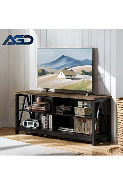 AGD حامل تلفزيون حتى 55 بوصة بتصميم ريفي، وطاولة مركزية مع 4 أرفف مفتوحة لغرفة المعيشة وغرفة النوم