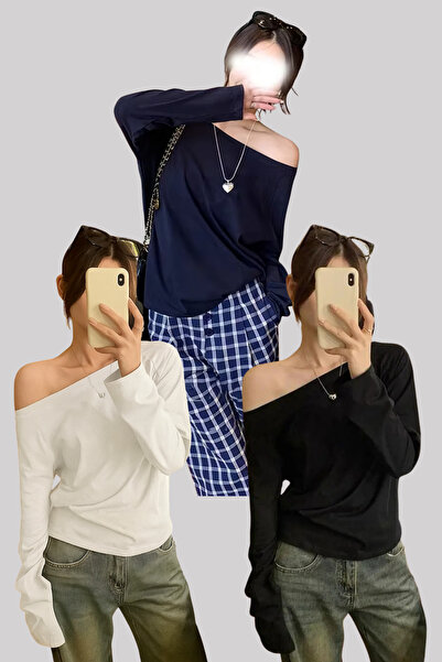 COOL TARZ Black White Navy Blue 3-Pack Women's Off-Shoulder Boat Neck Oversized Long Sleeve T-Shirt