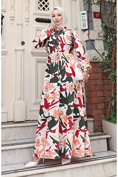 sefamerve Φόρεμα από ύφασμα με κορδόνια στη μέση 0165-01 Χακί Βουργουνδία